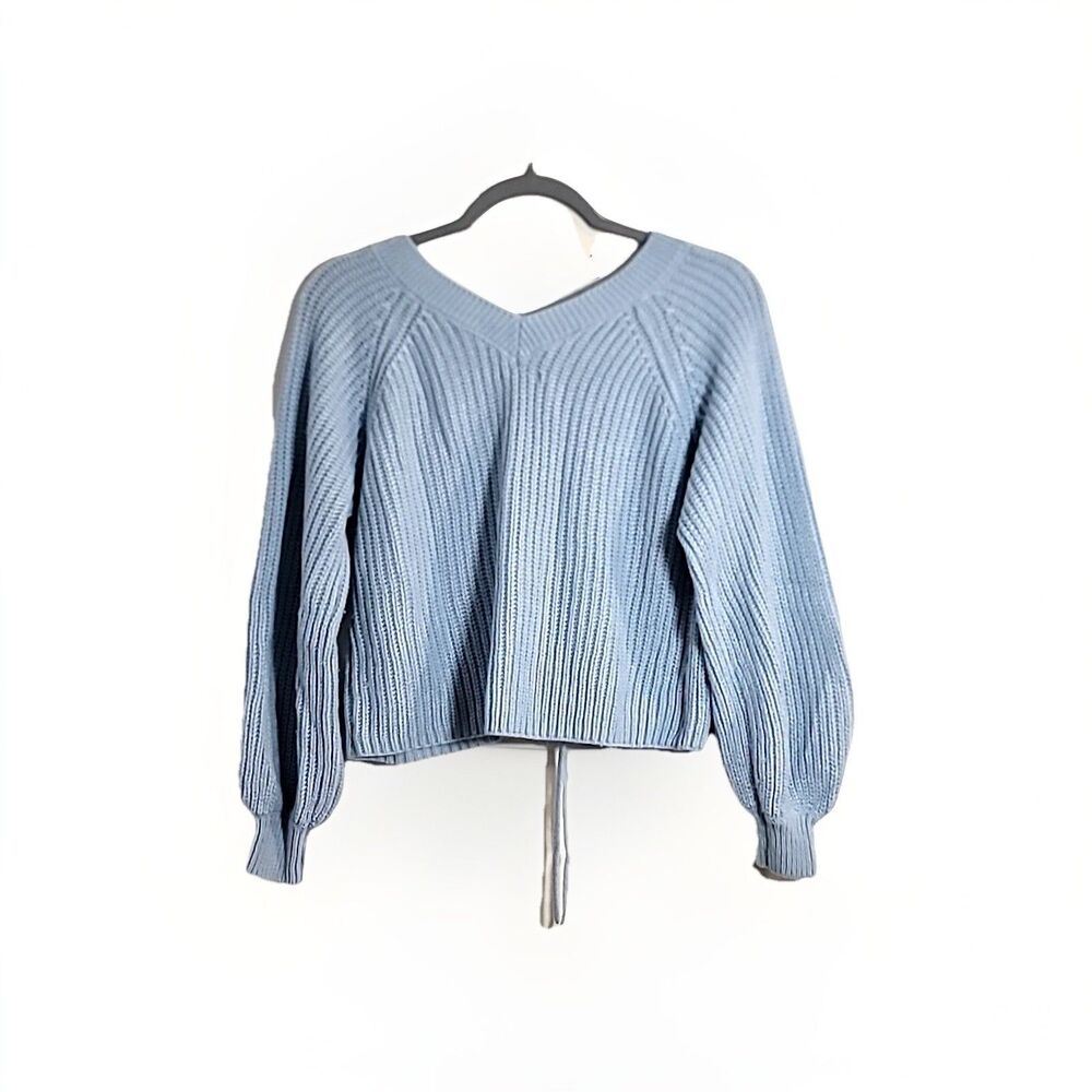 JOLIE & JOY Cropped V Neck Sweater with Drawstring Adjustable Hem Light Blue-S - Picture 4 of 10